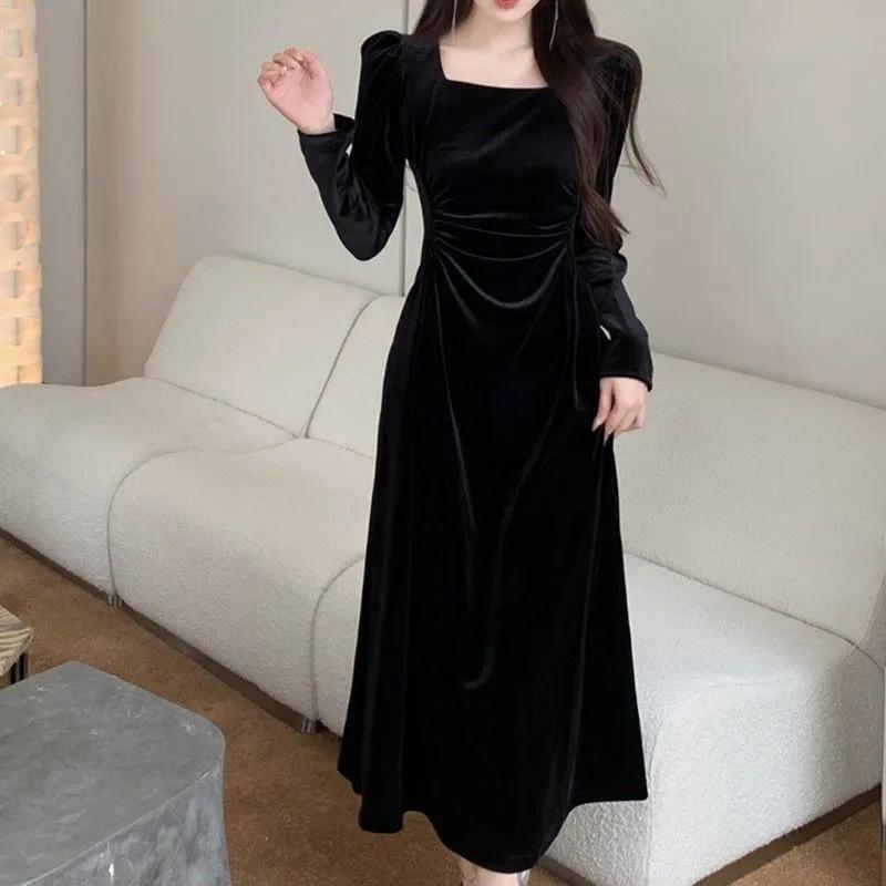 2025 Autumn/Winter Gold Velvet Square Neck Bodycon Dress - Slim Fit, Elegant, Long Sleeve Small чёрный