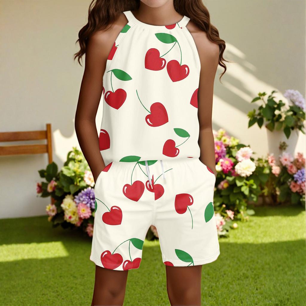 Children's Casual Fashion Round Neck Sleeveless  Top Shorts Set