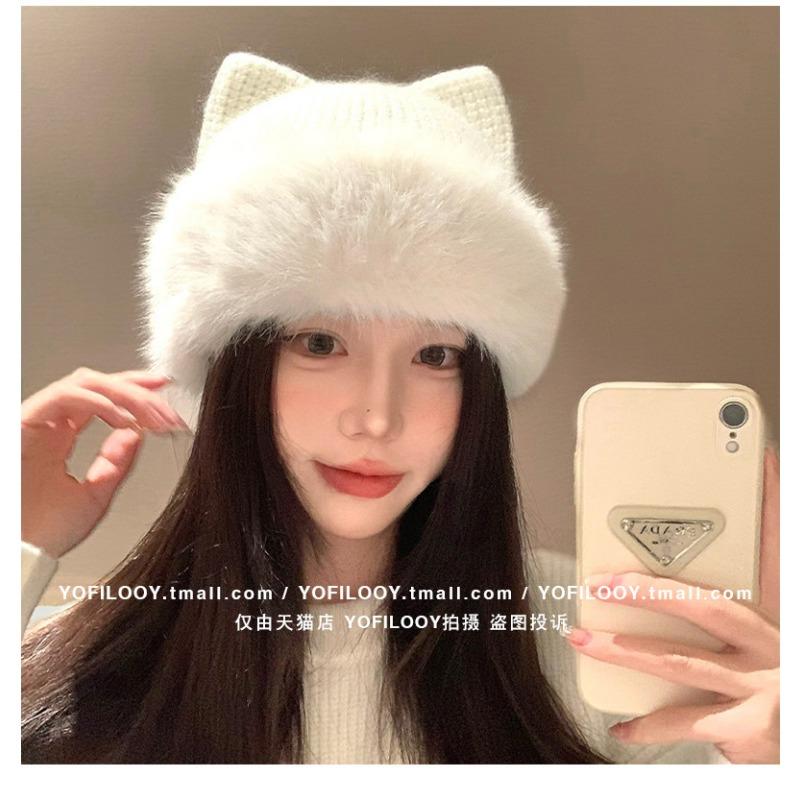 Women Winter Knit Hat With Cute Cat Ears Thick Warm Ear Protection