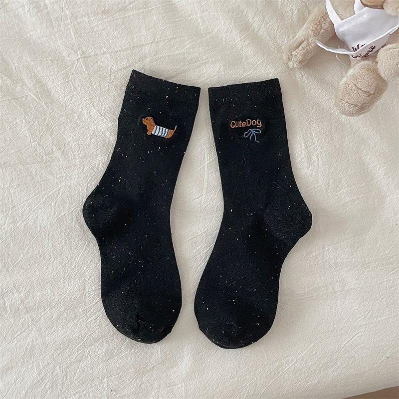 Autumn Korean Women's Cotton Socks - Embroidered Animal Bow & Dotted Yarn Design