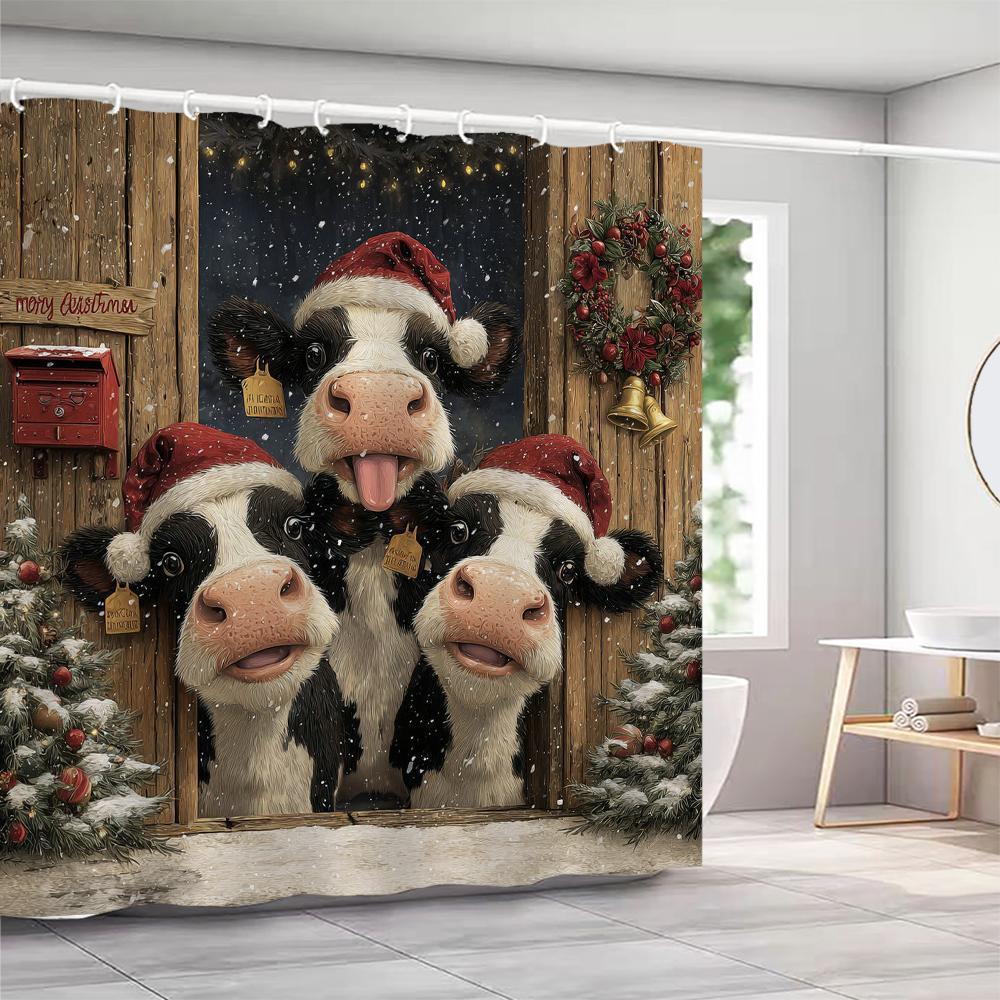 highland cattle Christmas Shower Curtain, Snowflake, Cute, Winter Bathroom Decorative Christmas Shower Curtain, with Hooks