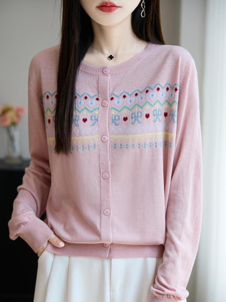 Women's Autumn 2025 Jacquard Round Neck Long Sleeve Knit Cardigan Jacket