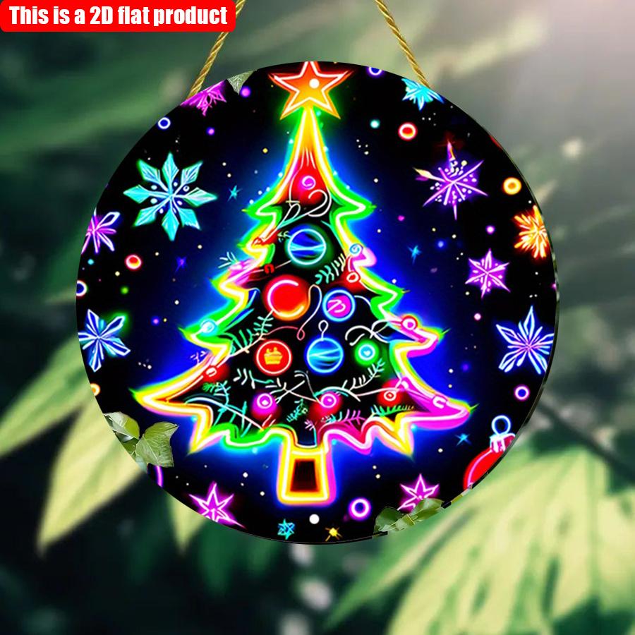 2D Flat 20*20cm1pc Neon Glow Design Color Christmas Tree&snowflake Patterns Circular Wooden Sign, Star Shape Christmas Treed Glitter Dots Theme Nament