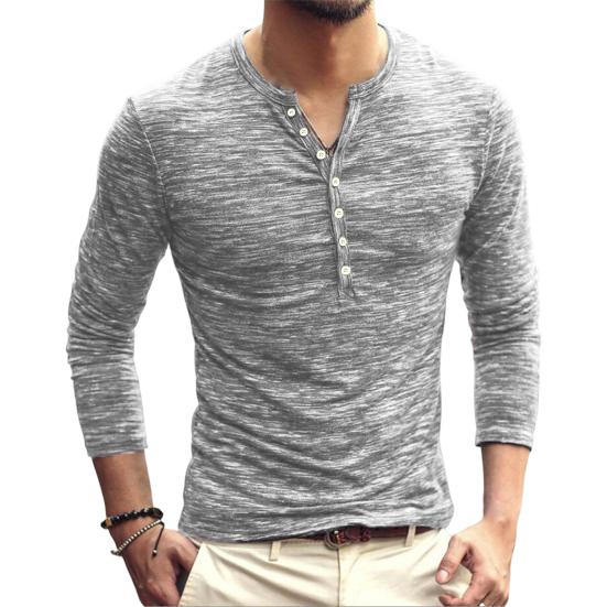 

Men Autumn T-shirt Pullover Buttons V Neck Solid Color Long Sleeves Soft Slim Fit Casual Breathable Spring Tops for Daily Wear 2XL светло-серый
