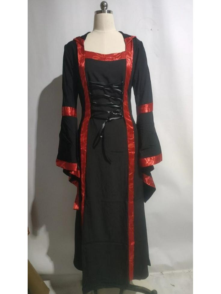 Mittelalterliches A-Linien-Langkleid mit hoher Taille, Kapuze und Schnürung, mit großem Schwingrock - Europäischer und amerikanischer Stil.