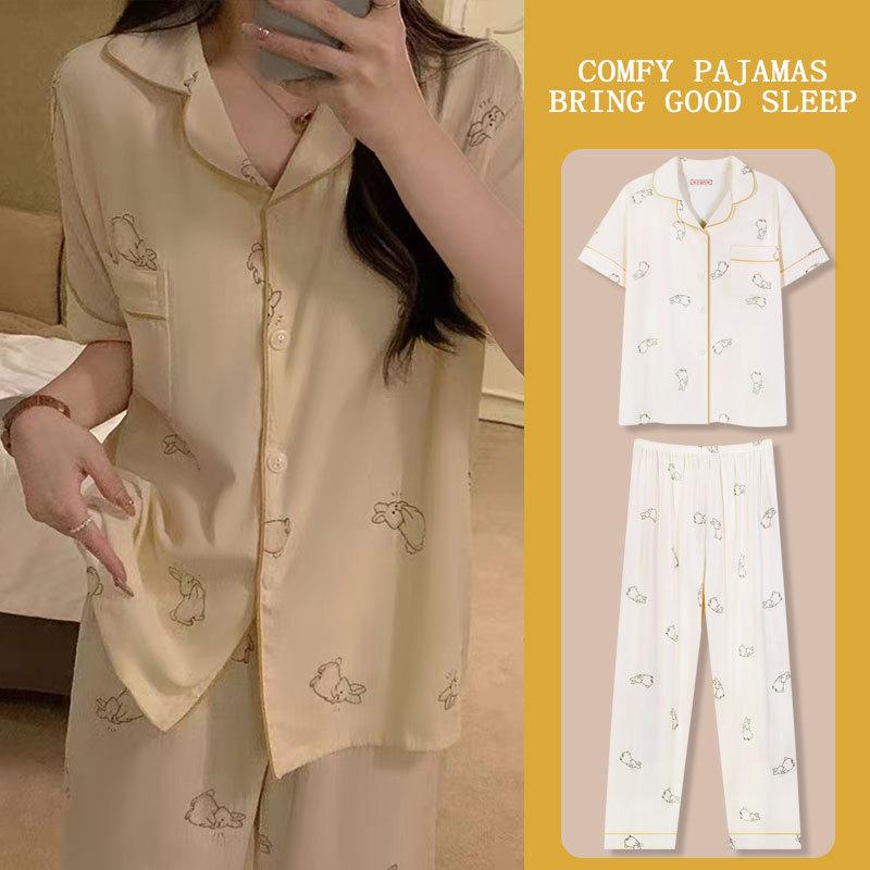 Japanese Kitty Cat Pajamas Women's Summer Thin Short-sleeved Trousers Loose Plus Size Girl Raw Loungewear Set
