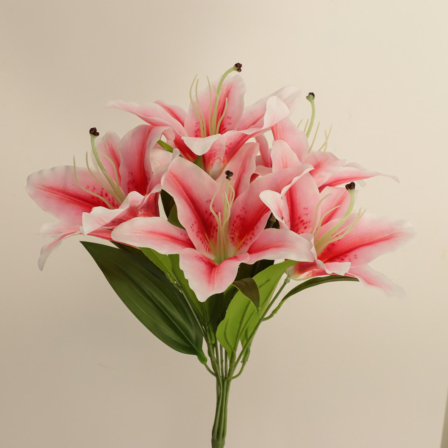 Artificial Pink Tiger Lily Bouquet, Faux Realistic Lilies with Buds & Green Leaves, Fake Flowers for Home Vase & Wedding Decor