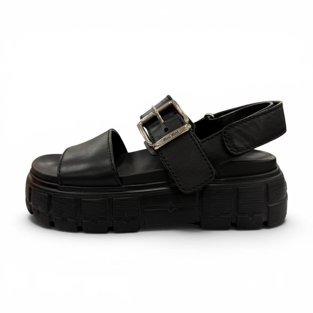 Great MIUMIU Sandals Chunky sole logo belt included black leather 36.5 5X251E Used