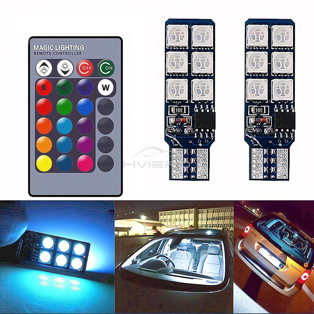 2X Auto Interior Decoration LED T10 W5W Atmosphere Car Light RGB Remote Controller Colorful Reading Door Side Marker Tail Backup