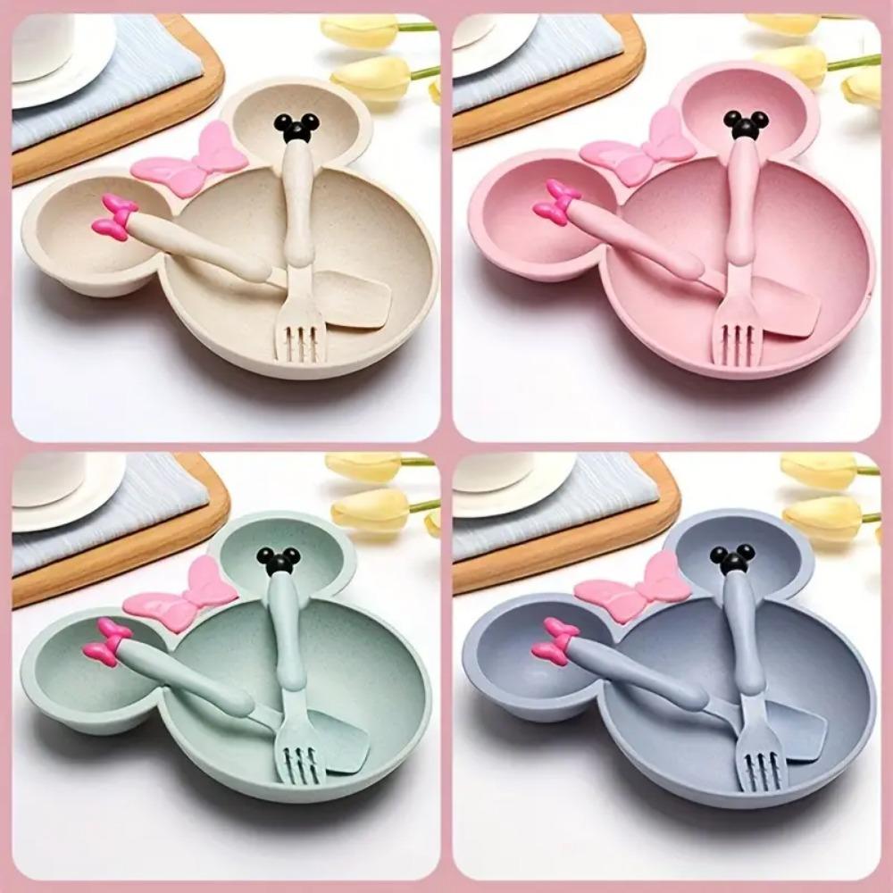 3 Stück/Set Cartoon Baby Schüssel Geschirr Set Weizenstroh Kindergeschirr Kinder Abendessen Fütterungsplatte Schleife Speiseteller Löffel Gabel