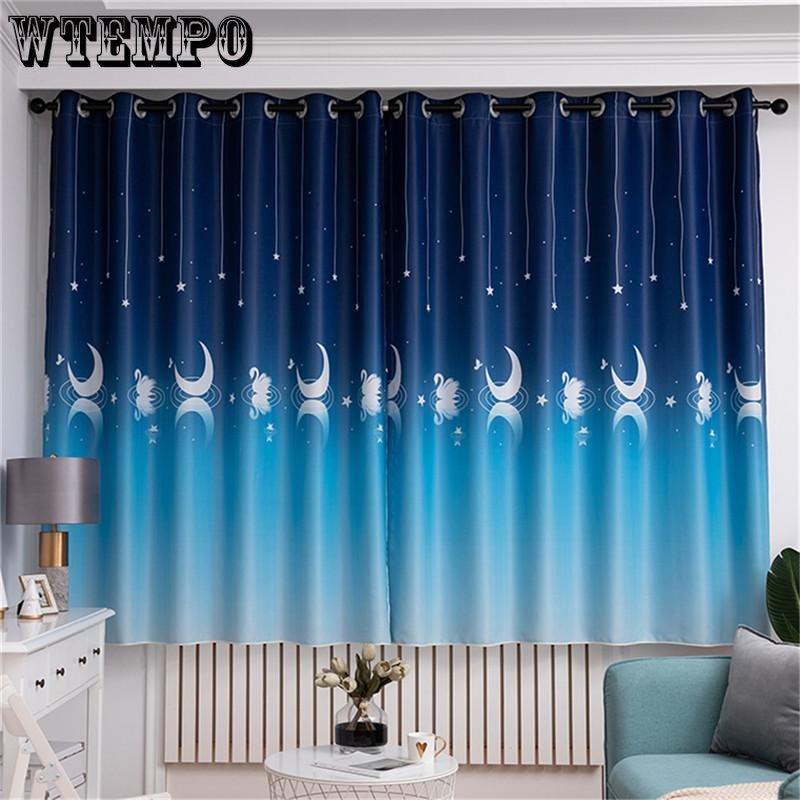 2pcs Home Supplies Full Blackout Print Perforated Curtains Living Room Bedroom Bay Window Finished Decor Curtains