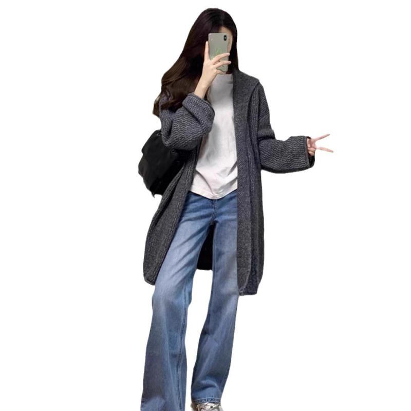 Autumn and winter new gray hooded medium and long knitted cardigan loose lazy style versatile sweater jacket women