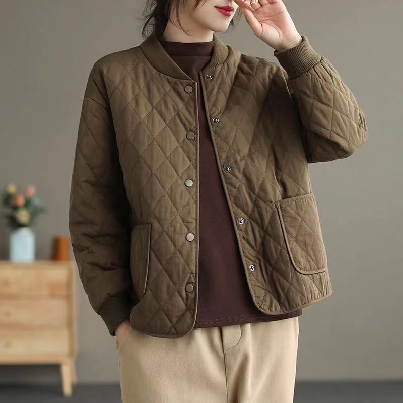 Autumn and Winter Women's Section Loose Solid Color Comfortable Jacket Round Neck Short Section Diamond Lattice Clip Cotton Jacket