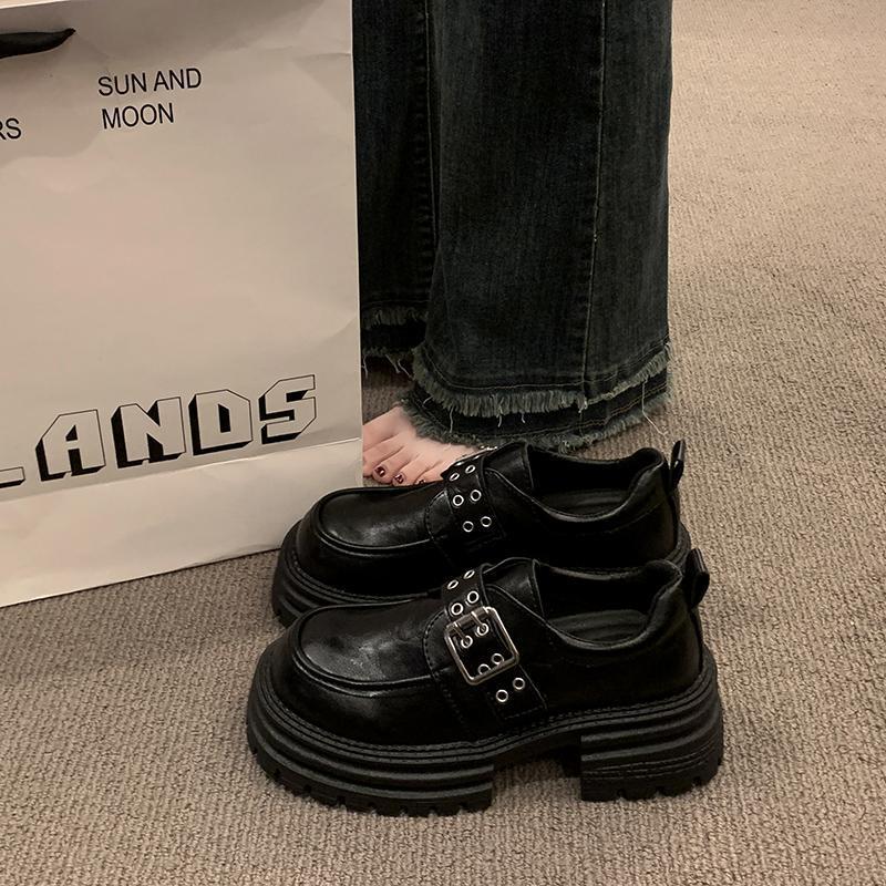 Hot Selling 2025 New Style Shoes Women's Sweet Fabric Loafers Thick Sole Increased Heel Vintage Black Anti-Slip Small Leather