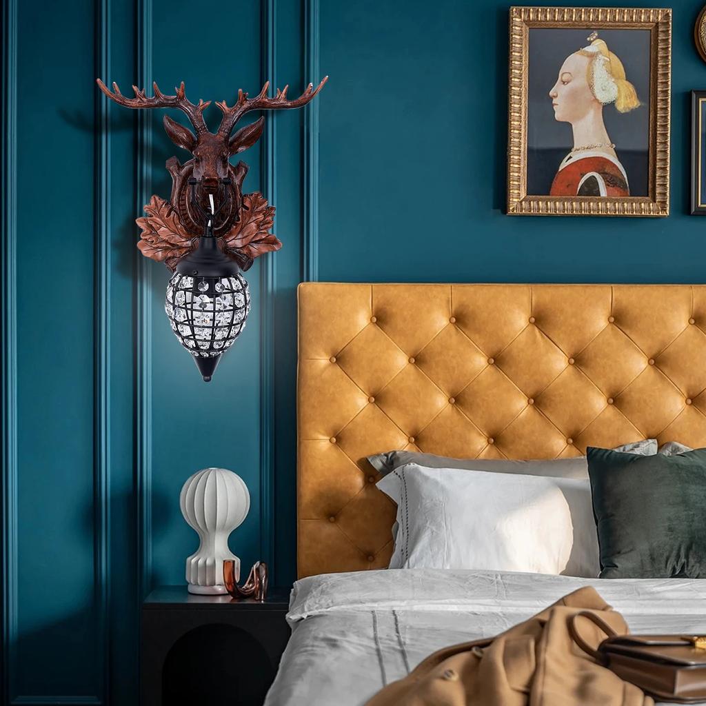 Deer Head Wall Light, Antler Wall Lamp, European Style Wall Mount Lighting, Bedroom Handmade Fixture W/ K9 Crystals & E12 Base