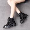 Thick-soled Short Boots Women's Boots Autumn and Winter New Cow Patent Leather Waterproof Table Muffin and Lace-up Locomotive Boots