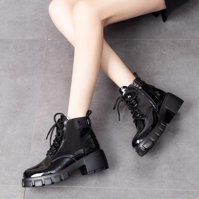 Thick-soled Short Boots Women's Boots Autumn and Winter New Cow Patent Leather Waterproof Table Muffin and Lace-up Locomotive Boots
