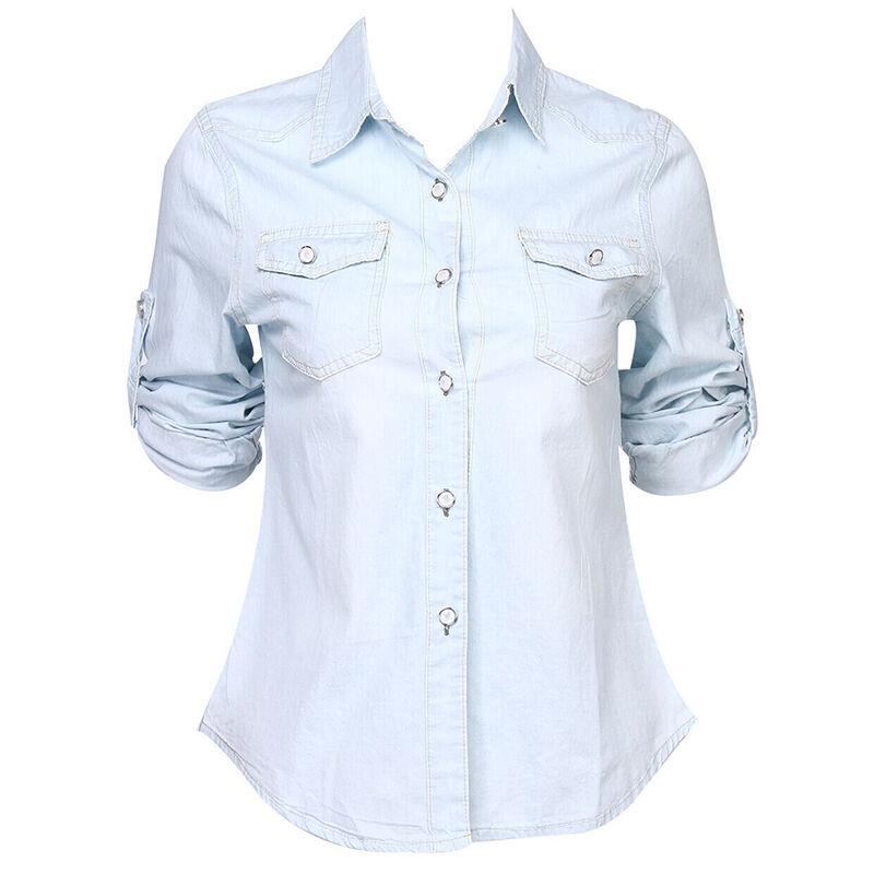Sommermode Damen Lässige Langarm-Tops Weiches Jeans-Denim Langarmhemd Tops Bluse Jacken Femenino Camisas De Mujer