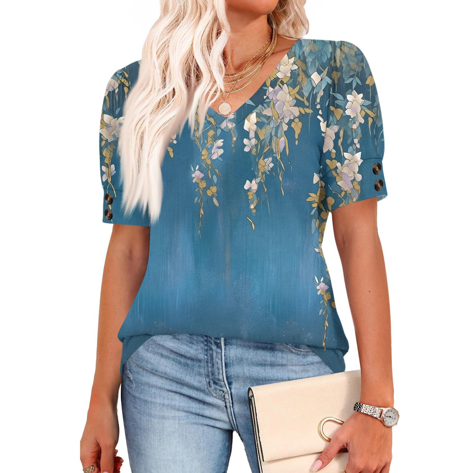 

Womens Tops Short Sleeve Shirts Buttons V Neck Fashion Outfits Blouses Casual XXL