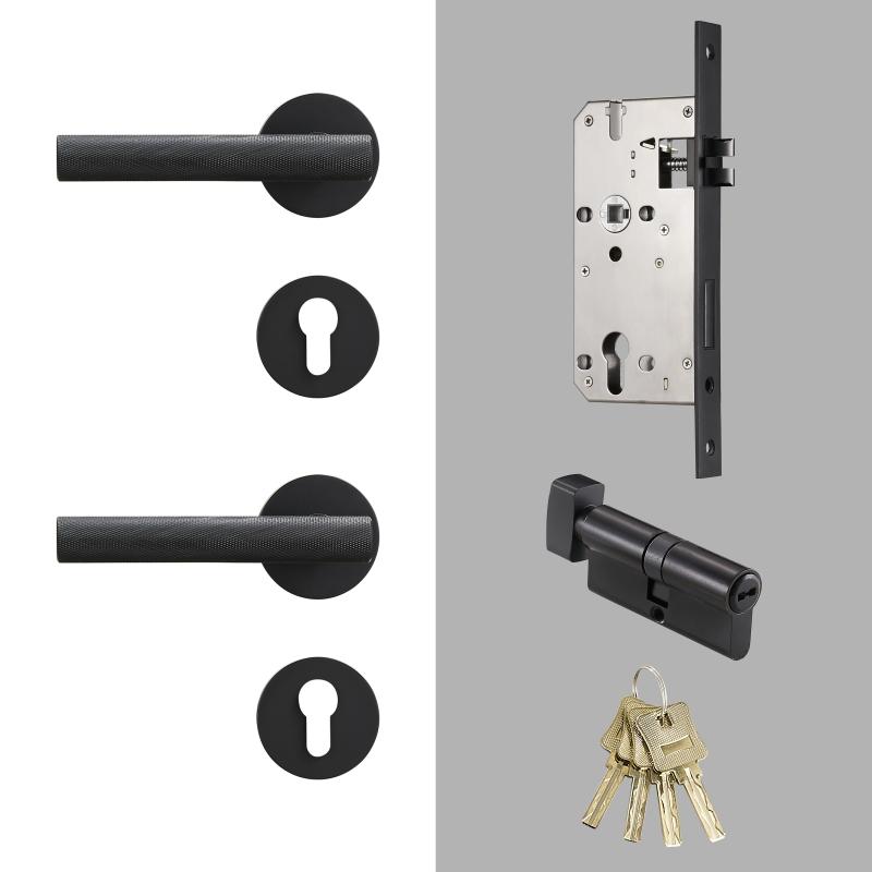 Dooroom Brass Knurled Door Lock Set Modern Gold Black Interior Bedroom Bathroom Double Wood Door Lever Set Dummy Handle Knob