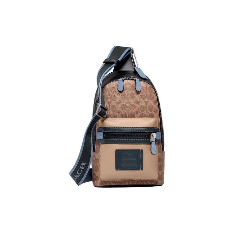 

New COACH Academy Canvas With Leather Sling Bag, Crossbody Bag Medium Men s Khaki & Dark Blue 91459-LHQ64 20.1*7.1*34.5CM