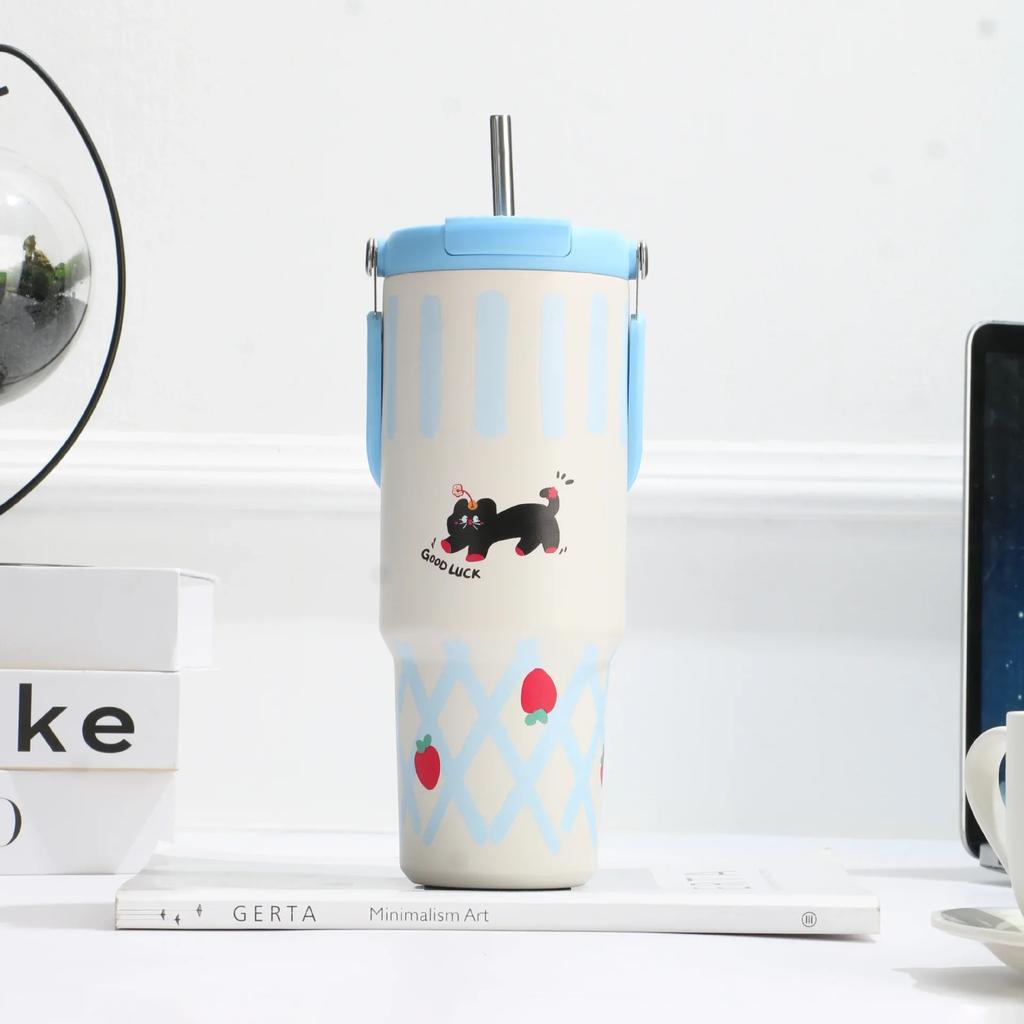 900ML 316 Stainless Steel Cute Insulated Tumbler Coffee Cup For Girls Thermo Bottle Travel Mug Vacuum Flask With Handle Straw