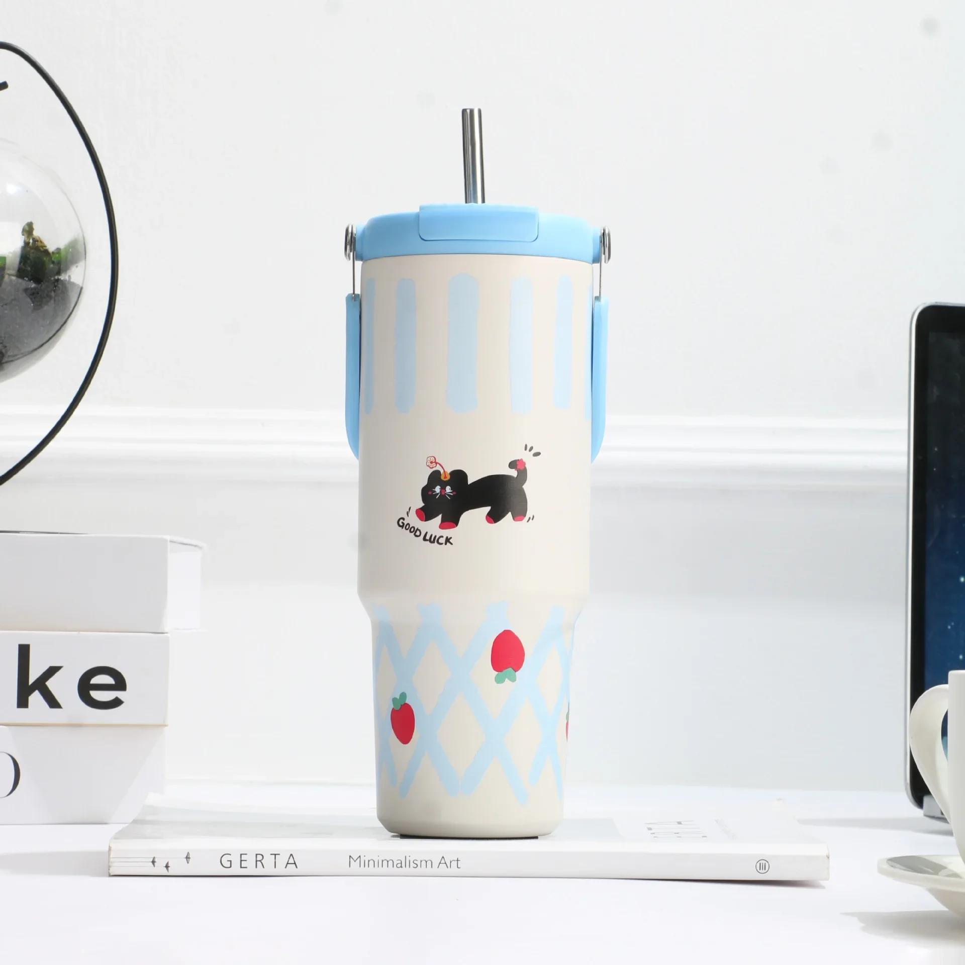 

900 мл 316 Нержавеющая сталь Милый Термостакан Кофейная чашка для девочек Термос Дорожная кружка Вакуумная фляга с ручкой и соломинкой 900ml