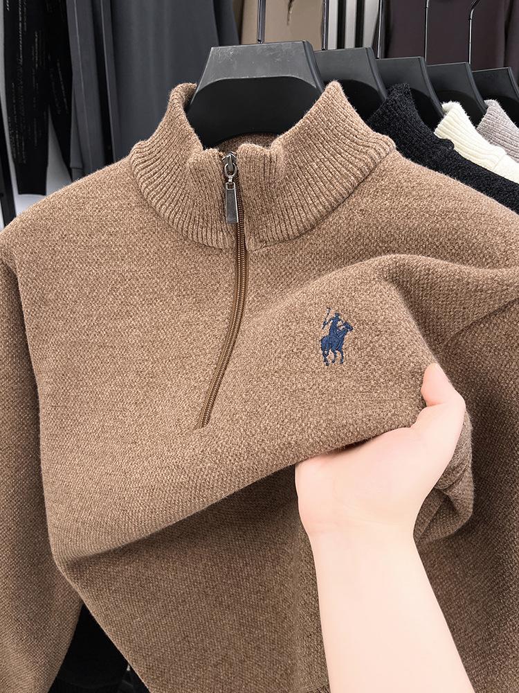 Men's Winter Embroidered Pony Logo Fleece Sweater - Semi-High Neck, Thick Knit