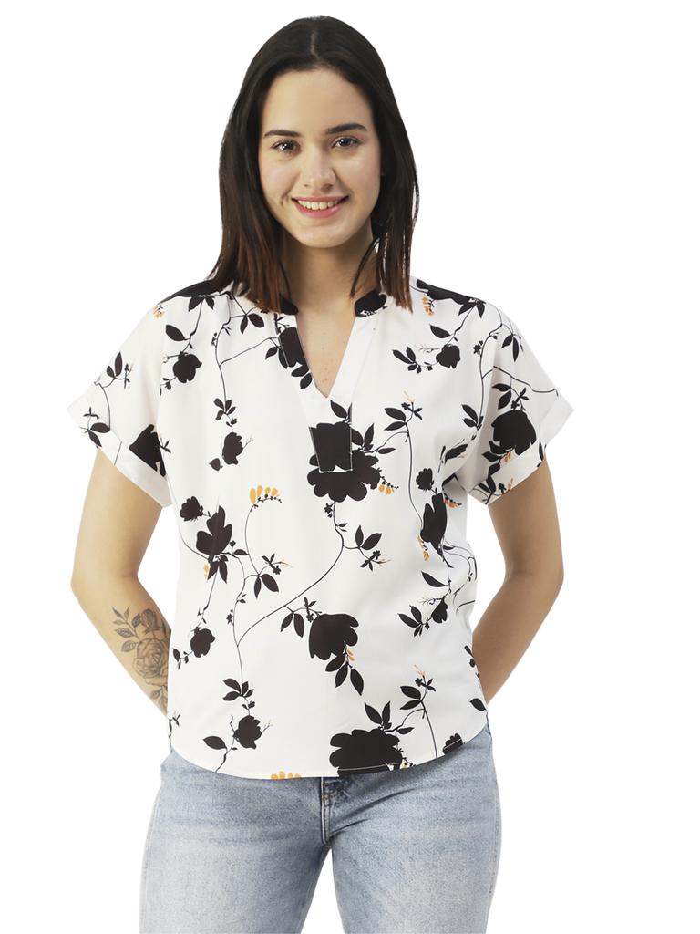 Moomaya Printed V-Neck Long Tops For Women, Short Sleeve Regular Fit Shirt