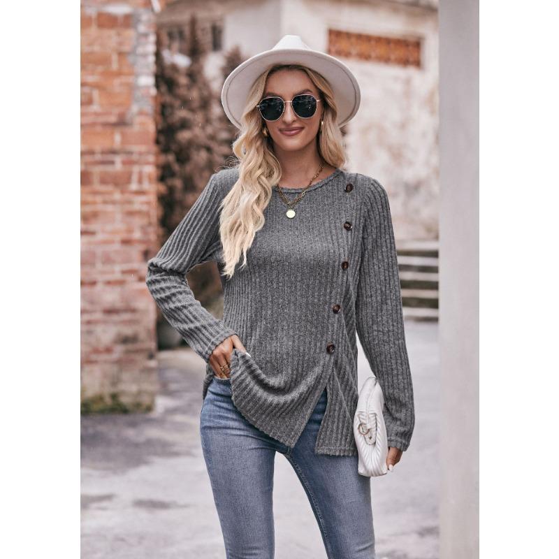 Women's Fashion Casual Spring Fall Solid Color Print Long Sleeve O-Neck Blouses & Shirts