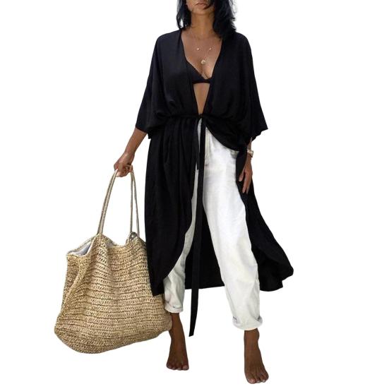 Beach Cover Up Cardigan V-neck Half Sleeve Quick-Drying Breathable Loose Fit Swimwear Coat with Tie Design