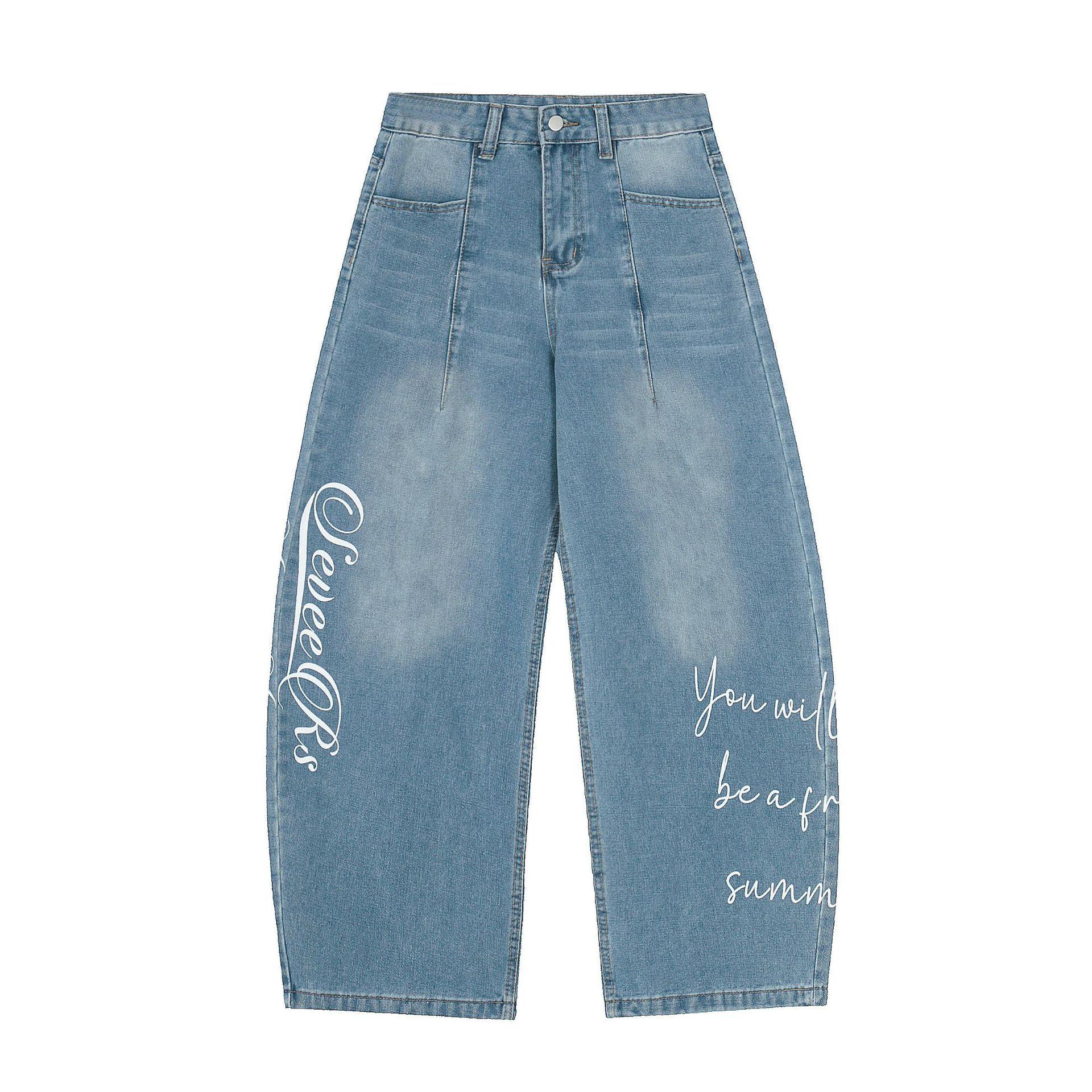 Trendy brand new American retro loose jeans men s personality cleanfit scimitar trousers S