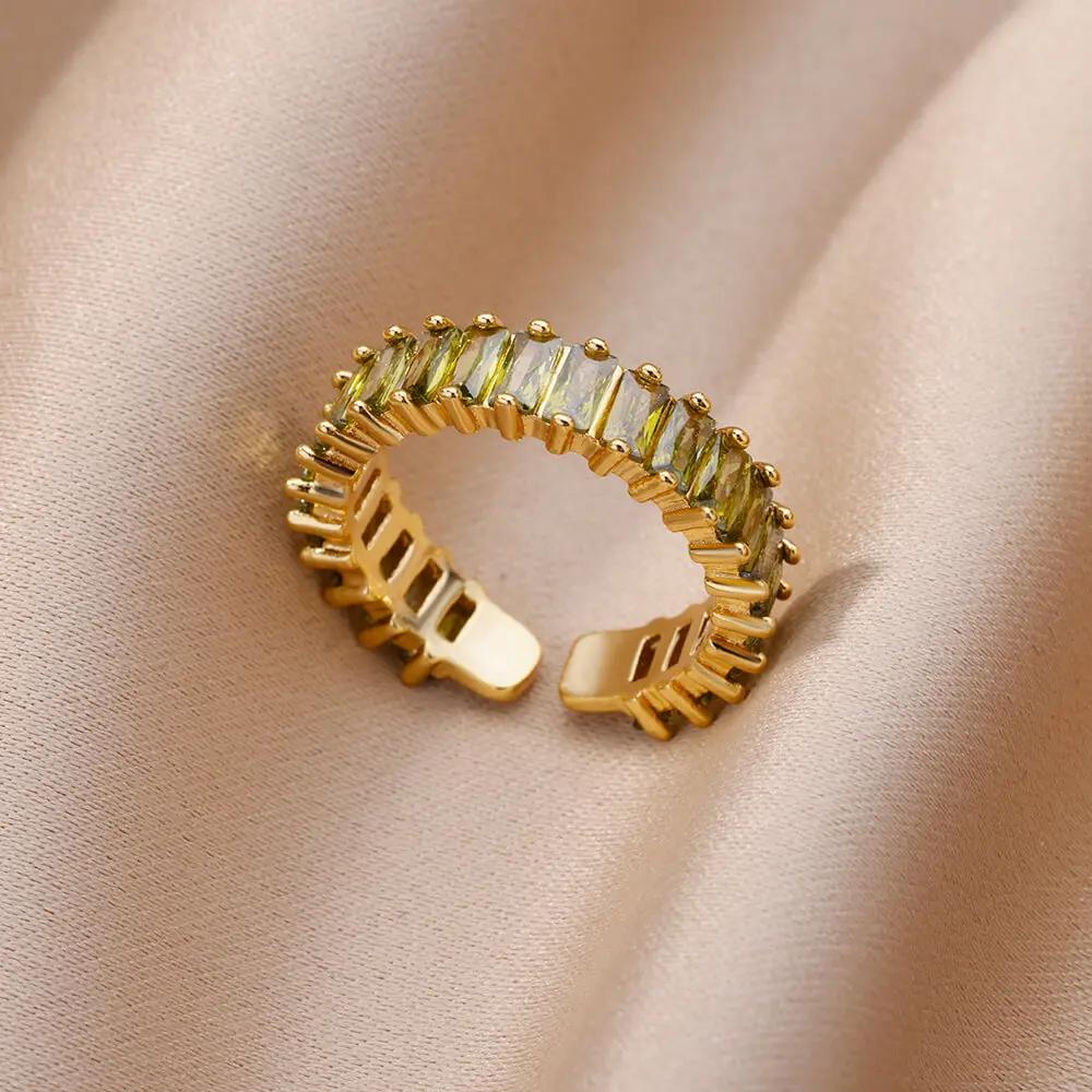 Colorful Cubic Zircon Ring for Women Stainless Steel Gold Color Open Ring Vintage Boho Wedding Party Zircon Gift Accessories