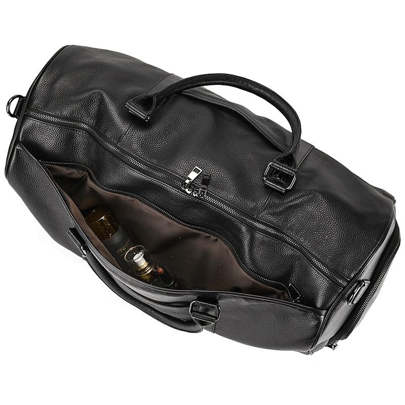 Men'S Leather Travel Bag Dry And Wet Separation Black Cowhide Luggage Large Capacity Portable Fitness Bag With Shoe Space