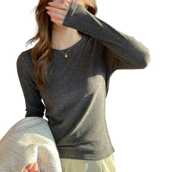 Women Bottom Tops Round Neck Long Sleeve Slim Fit Pullover Tops Solid Color Design Ribbed Texture Tee Shirt