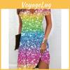 Gradient Shiny Ladies Dress Rainbow Vneck Party Vacation Outfit For All Seasons Daily And Special Occasions