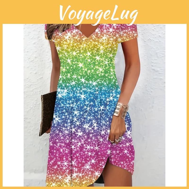 Gradient Shiny Ladies Dress Rainbow Vneck Party Vacation Outfit For All Seasons Daily And Special Occasions