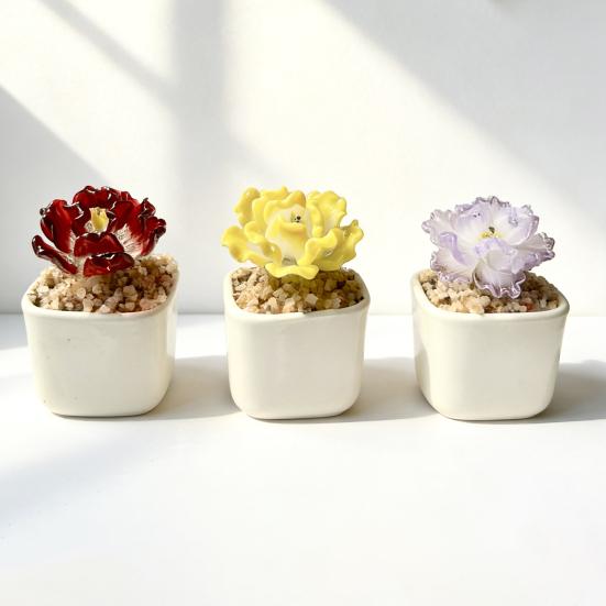Handmade Mini Glass Flower Figurine Cute Hand Blown Small Faux Crystal Flower Bouquet In Pot Gift for Mother's Day Birthday Christmas DIY Craft