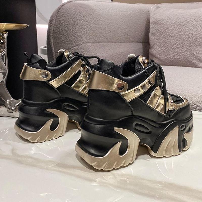 10CM Spring Women Chunky Sneakers Heels Lace-up High Platform Sports Shoes Woman Breathable Mesh Shoes Leather Sneakers