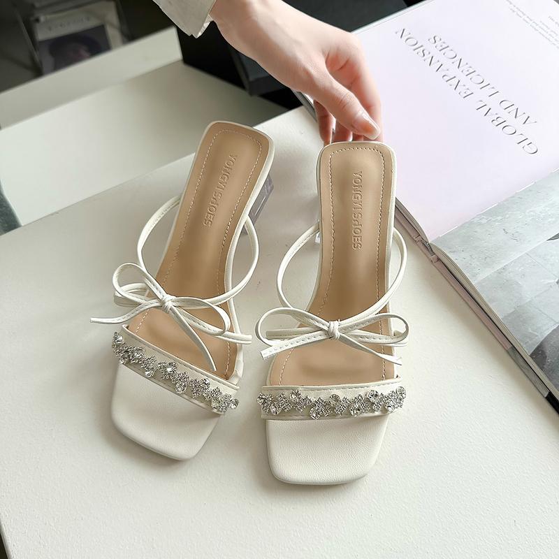 Pearl Bow Slippers 2024 Summer New Outer Wear Slippers Women High Heel Sandals Ladies Stiletto All-match Open Toe Roman Shoes