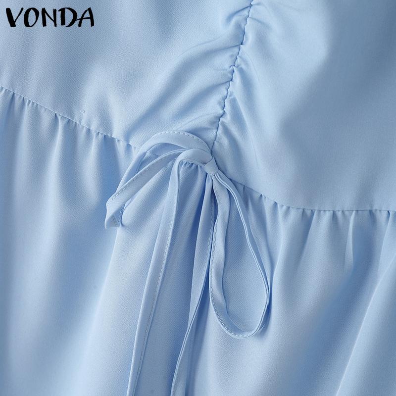 VONDA Women Summer V Neck Short Sleeve Solid Color Twisted Casual Pleated Dress