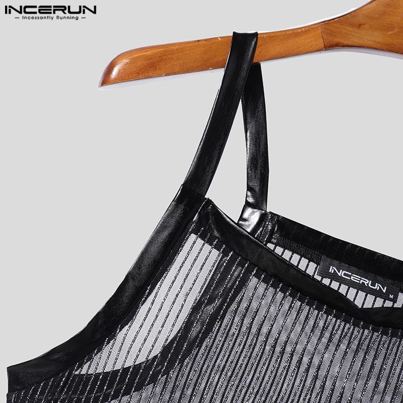 INCERUN Men Summer Strap Sleeveless Glitter See Through Mesh Party Irregular Tank Tops