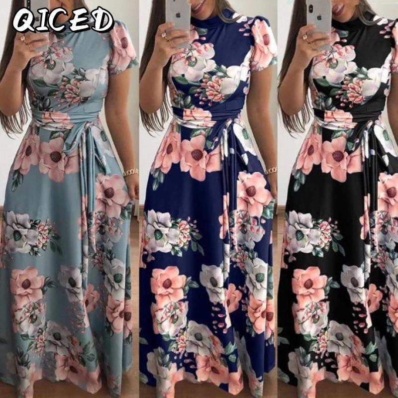 QICED Women's Fashion Summer Spring O-Neck Short Sleeve Casual Dresses