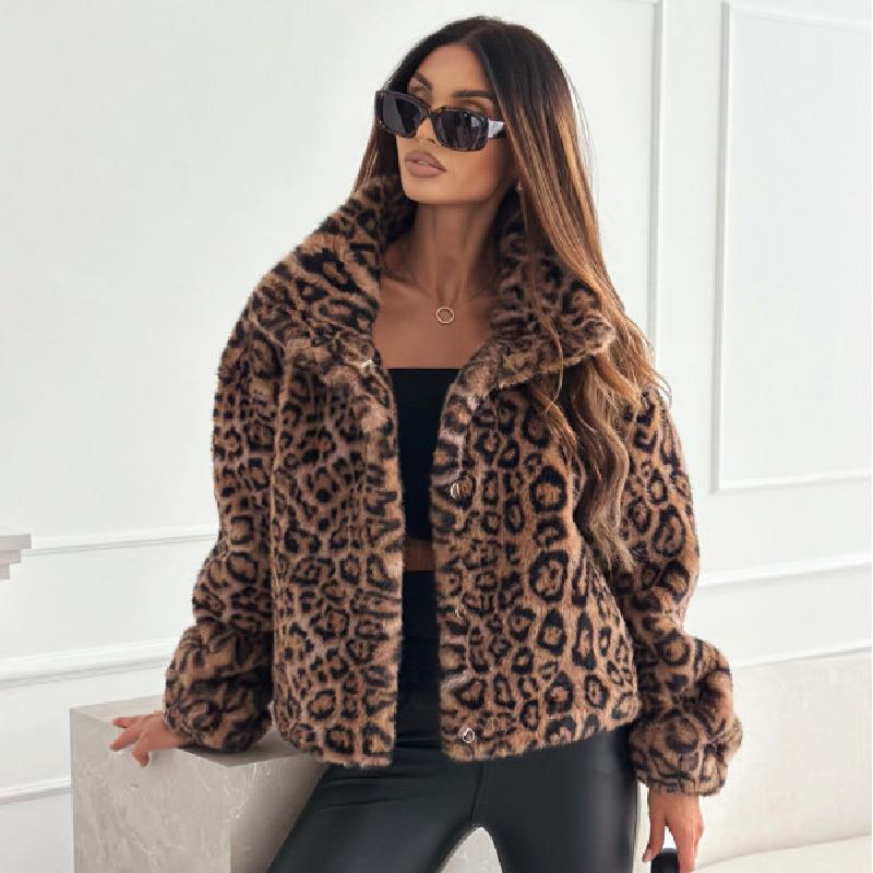 2024 Autumn And Winter New Fashionable Leopard Print Lapel Short Coat Loose Outdoor Casual Jacket
