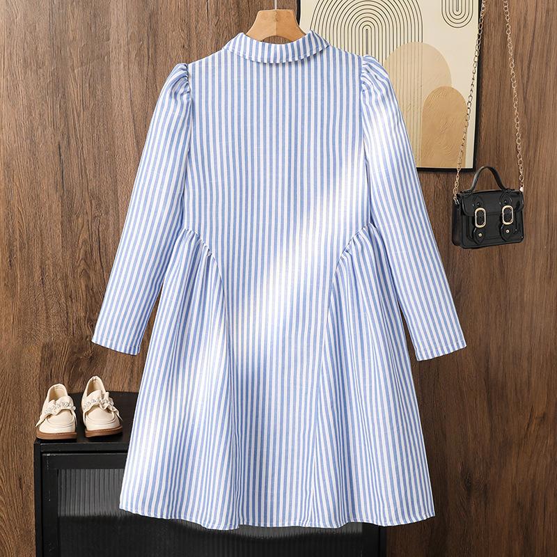 Mädchen Modekleid Herbst Kinder Schulstil Lässig Gestreift Langärmlig Hemdkleid