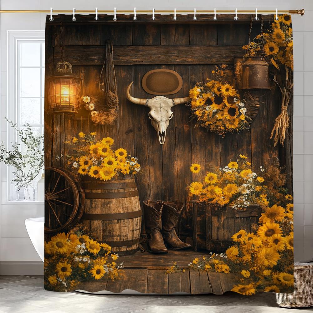 Flower Scenery Of Rural Farmhouse Shower Curtain, Bathroom Decorative Shower Curtain, Home Decorative Curtain With Hooks