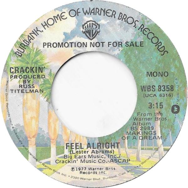 

7inch Record CRACKIN - Feel Alright WBSB358PROMO Warner Bros. Re 1977 US Soul/Funk Used