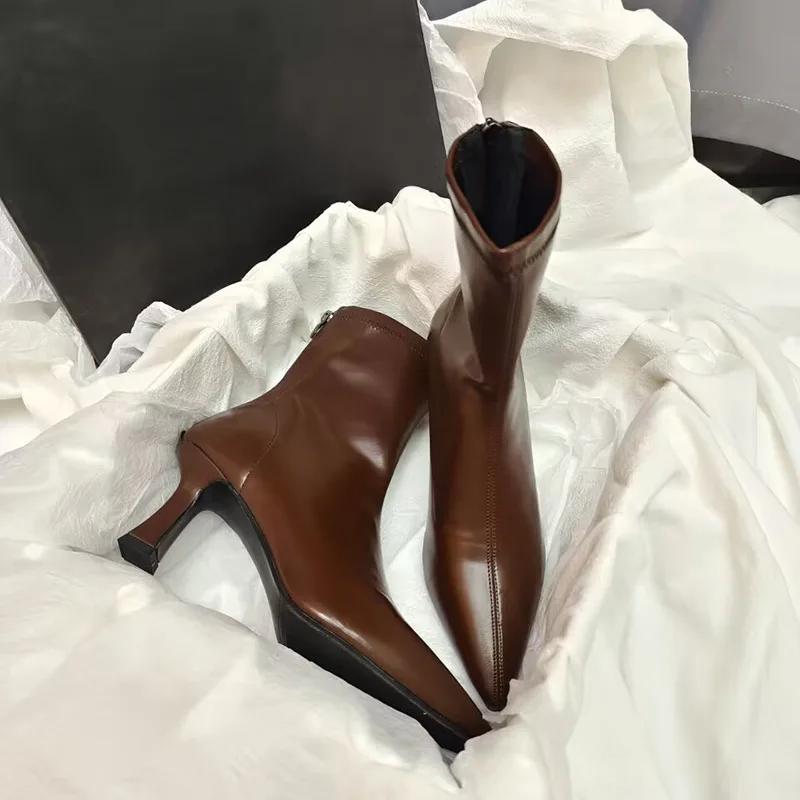 Fashion Women Pointy Brown Soft Leather Brown Elastic Boots Famele Stiletto Heels Shoes Ladies Ankle Boots Back Zipper Commuter Boots