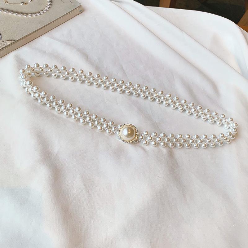 Women's Large Pearl Rhinestone Waist Chain Elastic Belt