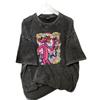 Women's Black Cartoon Print Pure Cotton T-shirt, American Style, Loose Fit, Short Sleeve, Summer 2025 Collection, Versatile for Couples